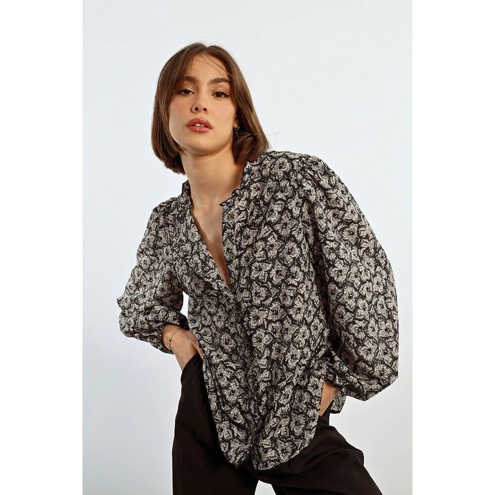 Lili Sidonio Blouse Winter Shirt Metallic Silver Dot Floral Balloon Sleeve XS